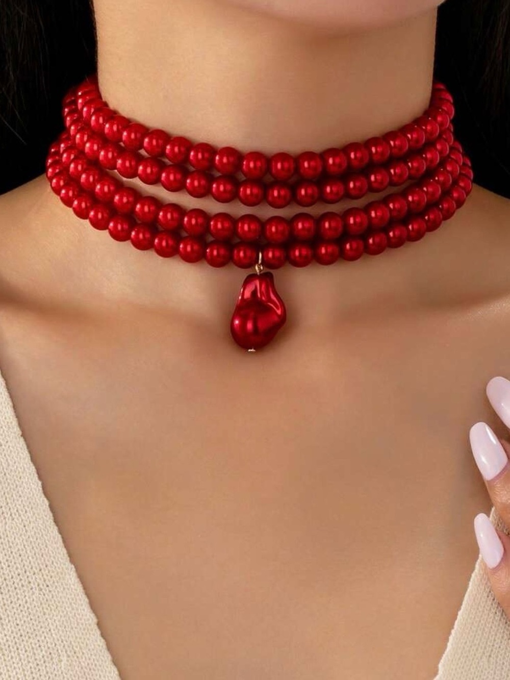 Red Pearl Multi-Strand Choker Necklace with Pendant